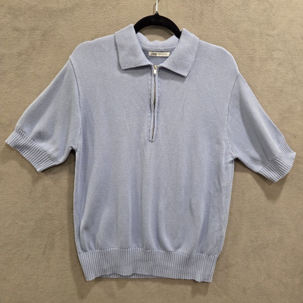 Zara Blue Quarter Zip Sweater Women's Size M Collar Short Sleeves Casual Classic